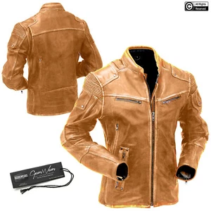 Chaqueta de cuero real envejecida estilo motociclista café corredor marrón claro para hombre - Imagen 1 de 9