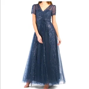 Carmen Marc Valvo Navy Blue Sequin Tulle Prom Formal Pockets Dress 6 NWT - Picture 1 of 9