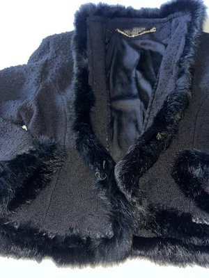 Chaqueta St John Couture Negra Boucle Cinta Botones Cuero Tejido Borde de Piel Talla 4 Foto 1 de 4