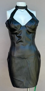 Vintage DBF schwarz Kunstleder gebändert Neckholder Bustier Kleid L Goth Bodycon Reißverschluss - Bild 1 von 10