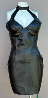 Vtg DBF Black Faux Leather Banded Halter Bustier Dress  L Goth Bodycon Zipper - Image 1 of 4