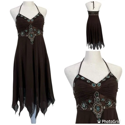 Винтажный Сью Вонг фея гранж шелк миди платье размер 4 Y2K коричневый бисер бирюза - Изображение 1 из 4