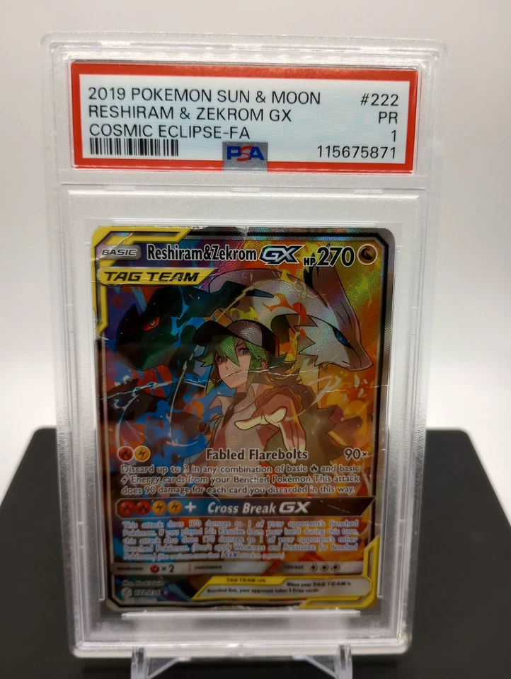 POP 3 - PSA 1 - Reshiram & Zekrom GX Full Art 222 - 2019 Pokemon Cosmic Eclipse - Image 1 of 1