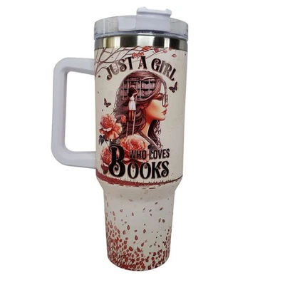Vaso de viaje Just A Girl Who Loves Books 40 OZ mango y tapa libro gusano regalo Foto 1 de 4