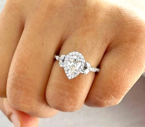 IGI Certified 14k Solid White Gold Pear Cut Diamond Engagement Ring Halo 2.50ctw - Picture 1 of 12