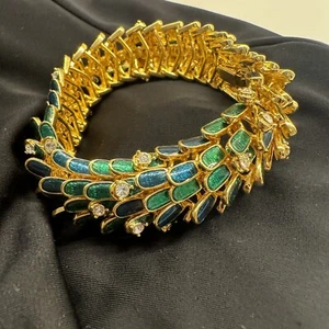 RARE KJL Kenneth Jay Lane * WILD PEACOCK * Enamel Rhinestone Bracelet Book Piece - Picture 1 of 7