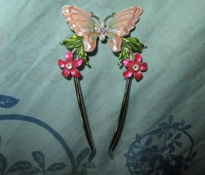 Light Pink Full Butterfly Hair Stick crystal flowers aurora borealis glitter - Picture 1 of 9
