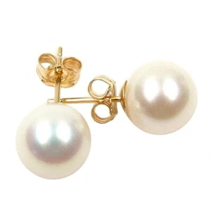 Pendientes de perla blanca cultivada AAA 8-8,5 mm genuino oro amarillo o blanco 14K - Imagen 1 de 4