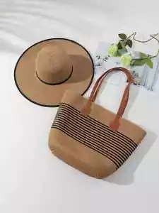 Straw Woven Hat And Straw Woven Bag Summer Beach Hat Outdoor UV Protection Bags - Picture 1 of 6