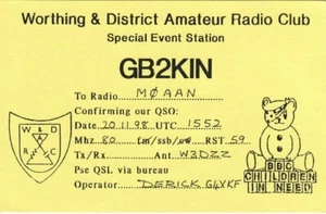 Amateur Radio QSL Card GB2KIN Worthing Club Children in Need 1998 Pudsey Bear - Picture 1 of 1