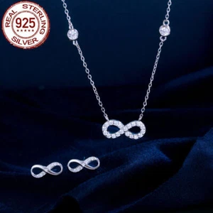 925 Sterling Silver CZ Infinity Symbol Pendant Earrings Fashion Top Jewelry Set - Picture 1 of 5
