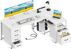 L Shaped Computer Desk with 5 Fabric Drawers &1 Large File Drawer Recessed Powe - Picture 1 of 8
