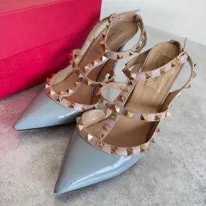 VALENTINO GARAVANI Rockstud Leather Pumps Blue Size 38.5 Made In ITALY Auth - Picture 1 of 7