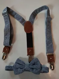 Boys Blue White Striped Bow Tie And Adjustable Clasp Suspenders - Picture 1 of 12