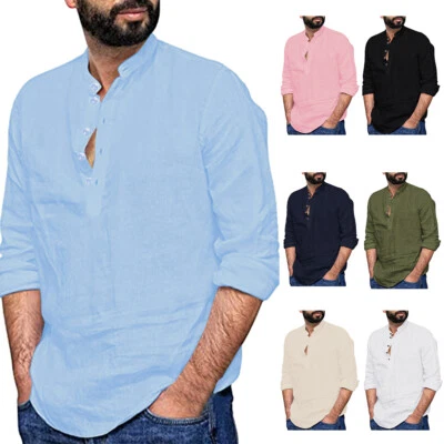 Mens Cotton Linen Solid Shirts Henley Grandad Long Sleeve Casual Button Tops - Image 1 of 4