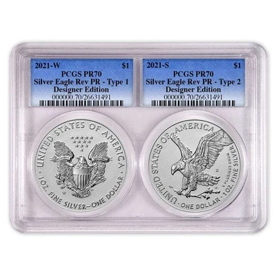 2021 Reverse Proof American Silver Eagle Designer 2 peças conjunto PCGS PR70 etiqueta azul - Imagem 1 de 2