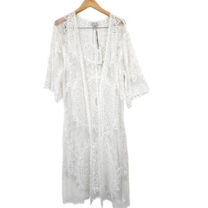 Rachel Zoe Romantic Lace Duster White Kimono Cover Up Embroidered Open Front OS - Picture 1 of 12