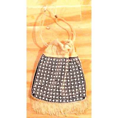 Vintage 50s Navy White Fringed Beaded Evening Bag Drawstring Polycord Handles - Image 1 of 4