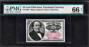 Fractional Fr. 1309 Fifth Issue 25¢ Note Short Thick Key PMG Gem 66EPQ - Picture 1 of 2
