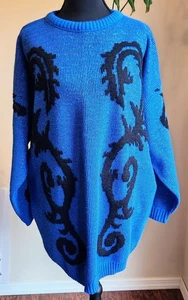 Suéter azul brillante vintage de gran tamaño distintivamente diferente con negro - Imagen 1 de 10