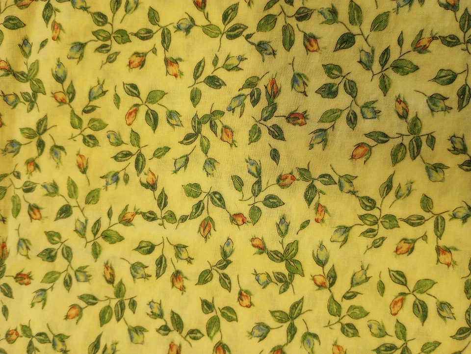QUILTER'S 42-inch 100% Cotton pink & blue rosebuds, green & yellow leaves - Image 1 of 1