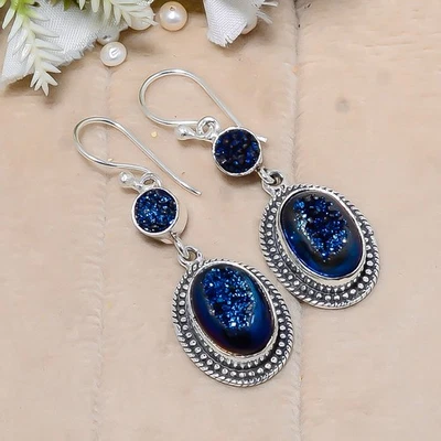 Electric Blue Titanium Agate Drusy Earring, Christmas Gift, Gift For Her E141463 - Image 1 of 4