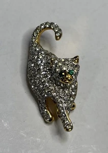 Brosche Anstecknadel Strass gewölbt Katze grüne Augen - Bild 1 von 3