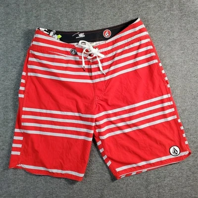 Volcom Shorts 32 Mens Red Striped 4 Way Stretch Boardshorts Swim Trunks Pockets - Image 1 of 4