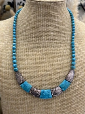 Compressed Turquoise Genuine Sterling Silver Necklace. 19 Inches. - Image 1 of 4