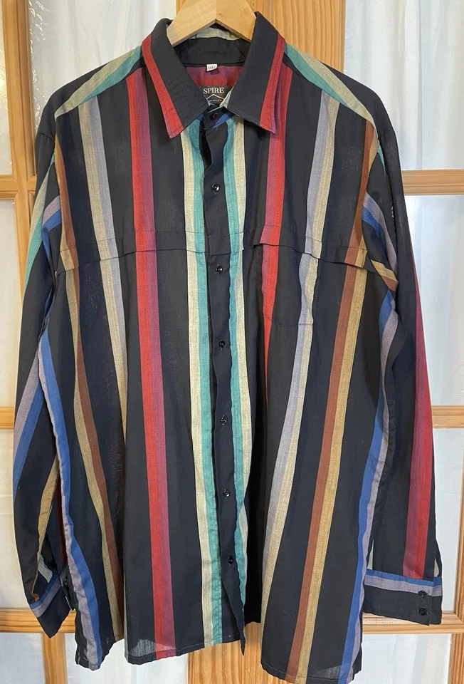 70s Spire USA Striped Button Shirt Mens 2XLT Black Long Sleeve Disco Pink Preppy - Image 1 of 4