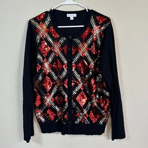 Pailletten Argyle Strickjacke schwarz rot gold groß Weihnachten Urlaub Party Pullover - Bild 1 von 6