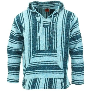 Recycled Mexican Baja Jerga Hoody Drug Rug Pullover Hoodie Bright Blue - Picture 1 of 5