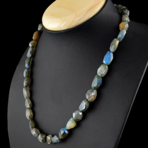 254.50 CTS NATURAL BLUE COLOR FLASH LABRADORITE FACETED BEADS NECKLACE (RS) - Picture 1 of 3