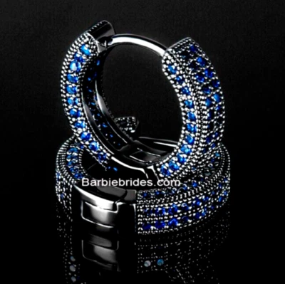 Pendientes de aro totalmente helados micro pavé enchapados en rodio negro azul circonita cúbica hombres mujeres Foto 1 de 4
