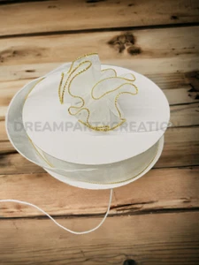 7/8" (WHITE) Organza PULL RUFFLED BOW Ribbon GOLD Edge on one side 25 Yds - Picture 1 of 1