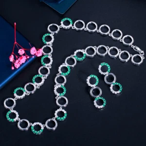 Women Lovely Gold Plated Round Tennis Necklace Earrings Cubic Zircon Jewelry Set - Picture 1 of 17