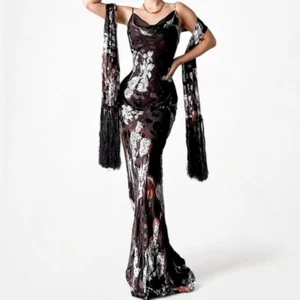 Vintage Brown Floral Print Silk Slip On Bodycon Maxi Cocktail Prom Dress Size S - Picture 1 of 7