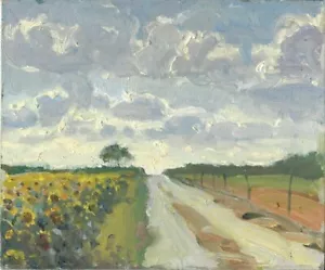DIPINTO OLIO ORIGINALE MICHAEL RICHARDSON "Pista Fattoria Girasole" Francia Francese - Foto 1 di 1