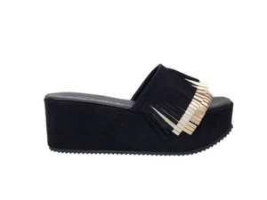 SCARPE SANDALI PLATFORM DONNA ELISA CONTE PELLE CAMOSCIO NERO ORO ZEPPA PLATEAU - Foto 1 di 7