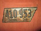 1938 Tennessee State Shape plaque d'immatriculation 410-953. FORD CHEVROLET PLYMOUTH HUDSON