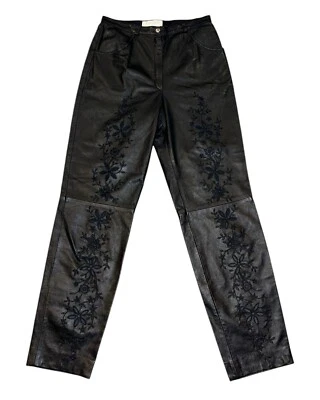 Pantalones de cuero Escada vintage con patrón floral recortado para mujer 36/6 negros usados en excelente estado Foto 1 de 4