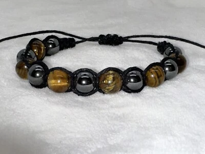 Natural Yellow Tiger Eye & Hematite Macrame Bracelet – Adjustable Black Hemp - Image 1 of 3