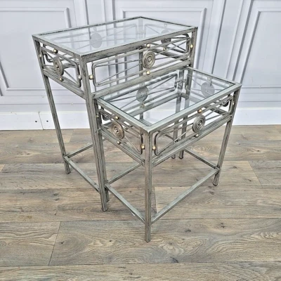 Vintage Style Nest Of 2 Decorative Metal & Glass Side Tables Retro - Image 1 of 4