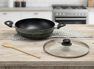 3pc Induction Wok Pan Set Non Stick with Glass Lid Deep Cooking Kadai 24/28/30cm - Picture 1 of 4