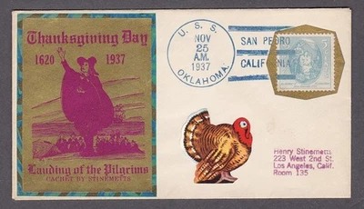 U.S.S. Oklahoma Naval Cover - Thanksgiving Day 1937 - Stinemetts / Scott #796 - Image 1 of 4