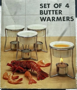 Butter Warmers Set Of 4 White Ceramic Dishes With Chrome Plated Holders In Box - Picture 1 of 6
