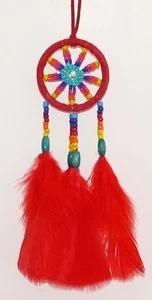 Traumfänger D= 5,0 cm rot, Dreamcatcher Perlen, Indianer Federn, Western Deko - Bild 1 von 1