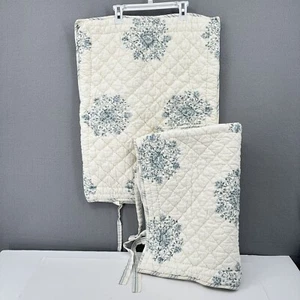 Pottery Barn Quilted Standard Pillow Shams Set of 2 Tie Blue White Floral 20x26 - Picture 1 of 17