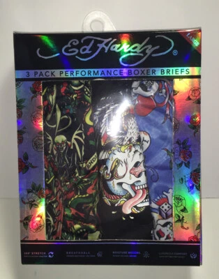 ED HARDY 3 Pares CALAVERAS TATUAJES ESTAMPADOS HOMBRES RENDIMIENTO CALZONCILLOS BOXER TALLA L NUEVOS CON ETIQUETAS Foto 1 de 4