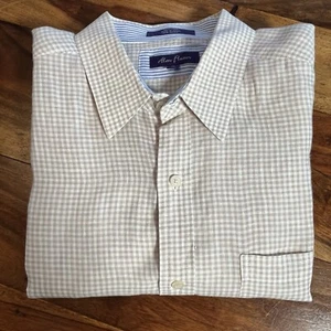 Alan Flusser Linen Men's XL Button Down Shirt Tan White Check Long Sleeve - Picture 1 of 13
